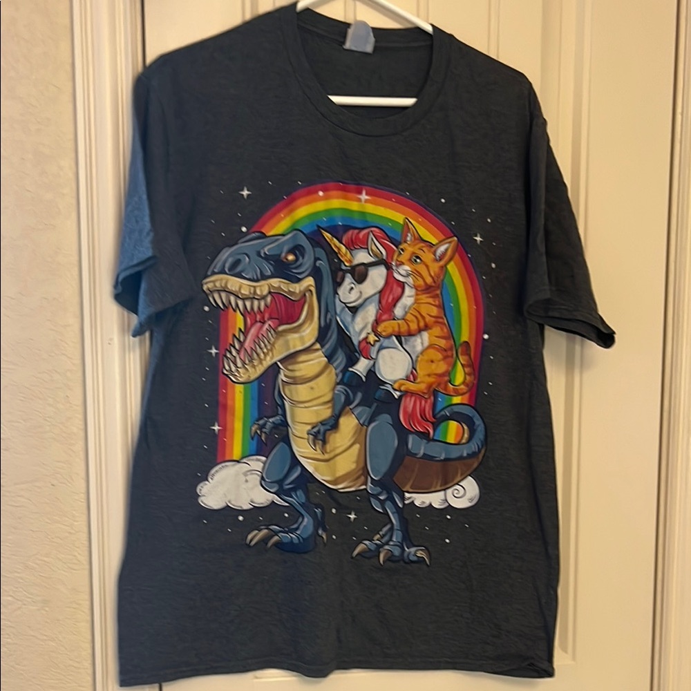Port and Company Gray Short Sleeve Tee with Dinosaur Graphic